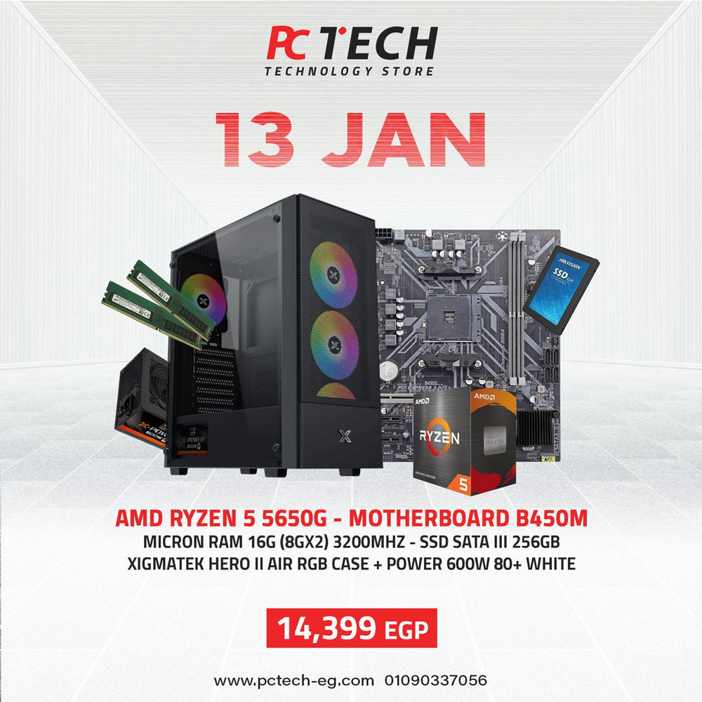 BUNDLE AMD RYZEN 5 5650G - MOTHERBOARD B450M - MICRON RAM 16G (8GX2) 3200MHZ - SSD SATA III 256GB - XIGMATEK HERO II AIR RGB CASE + POWER 600W 80+ WHITE