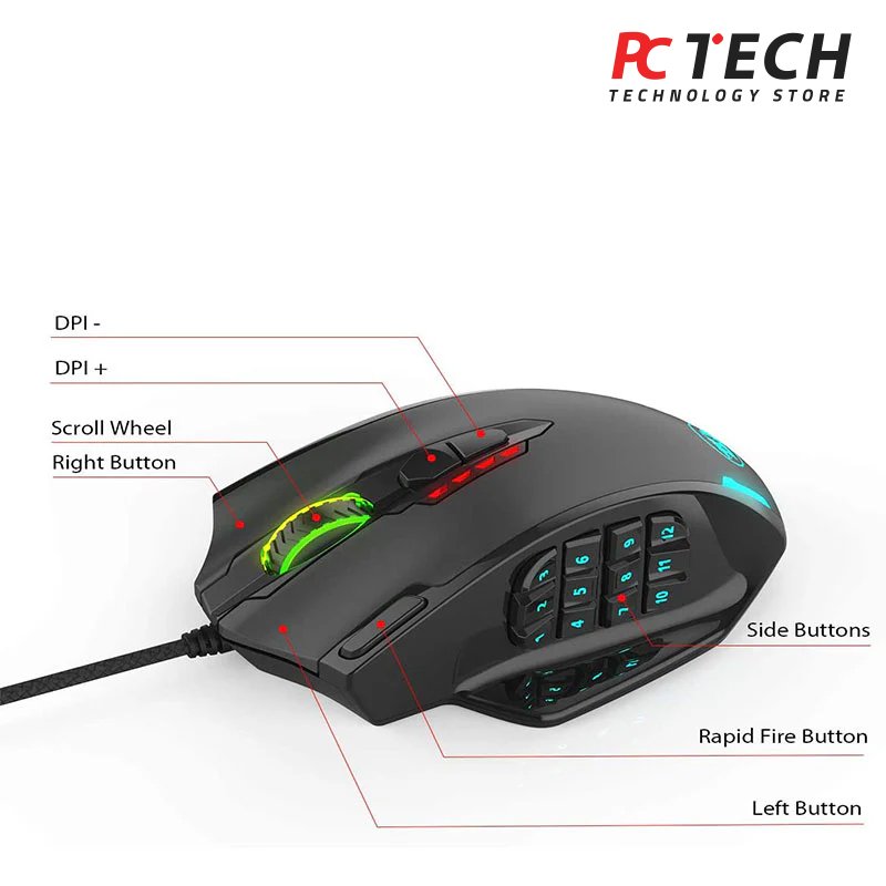 Redragon M908 Impact RGB LED MMO Mouse with Side Buttons Optical Wired Gaming Mouse with 12,400DPI, High Precision, 20 Programmable Mouse Button